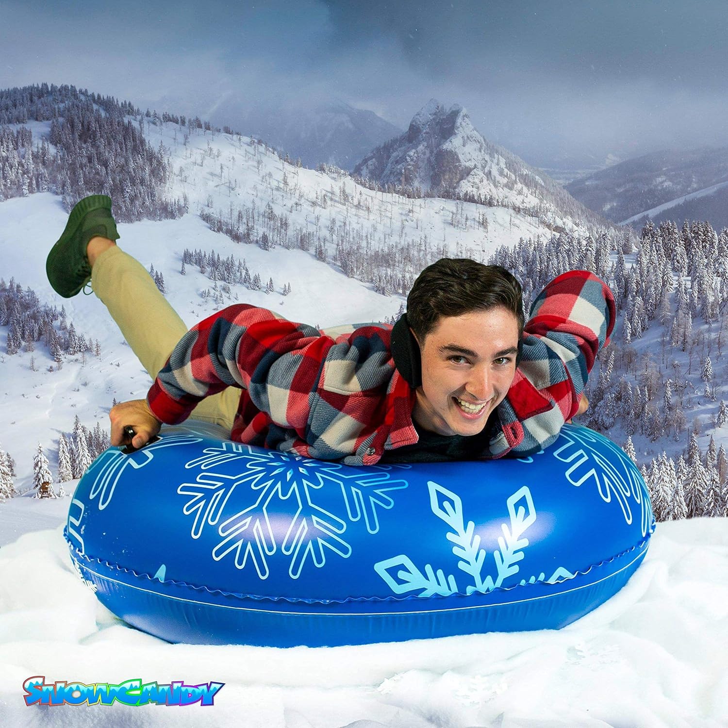 SNOWCANDY Snow Tube 48 Blue Pro-Tuber Edition, Inflatable Snow Sled Toboggan for Kids and Adults, Heavy Duty with Handles and Bottom, Winter Outdoor Sledding, Easy to Inflate and Deflate