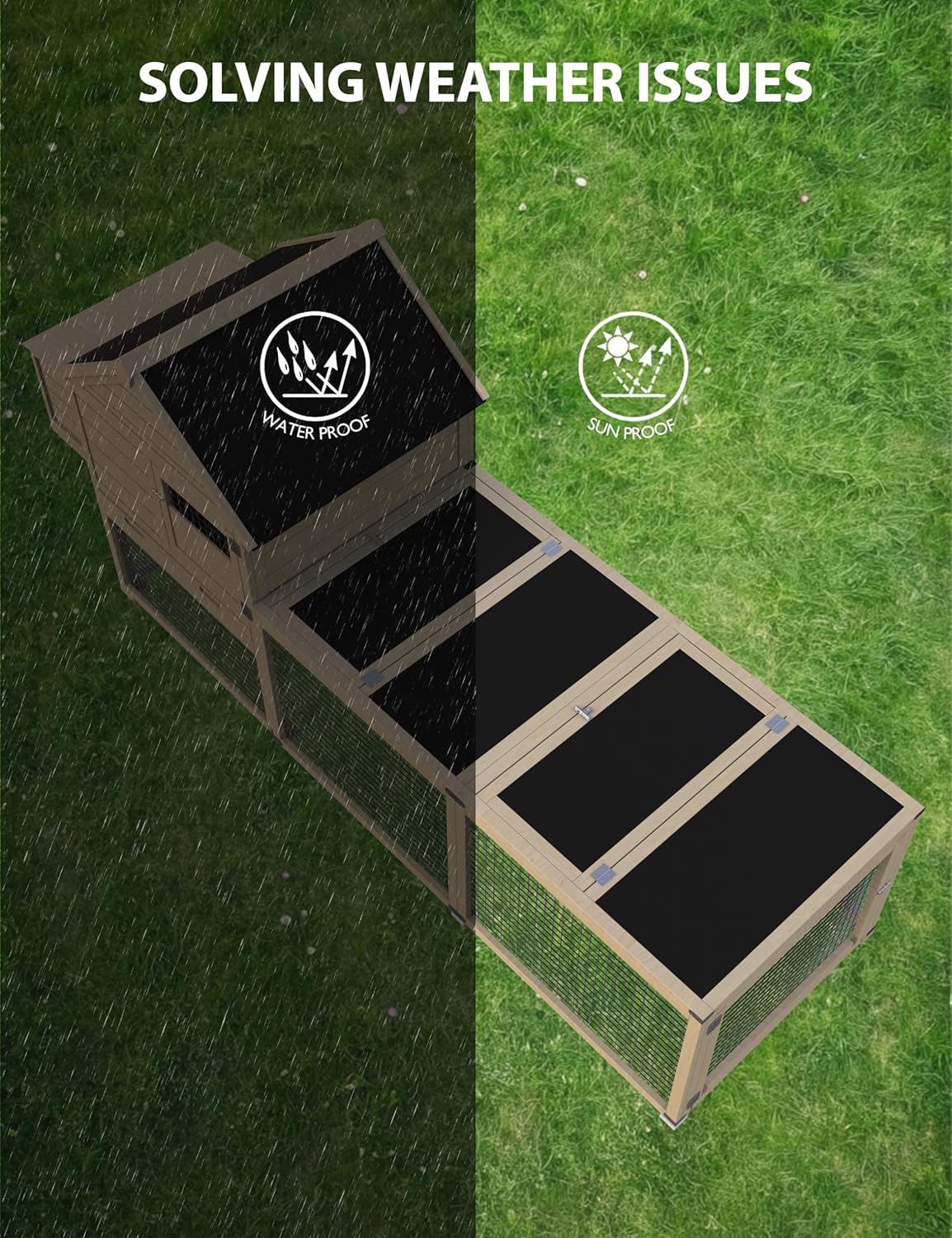 Chicken Coop, Outdoor Chicken Coop for 3-5 Chickens, 109in Chicken Coop with Run, Wooden Chicken Coop with Waterproof Roof, Nesting Box, Pull Out Trays and Ramp, Wood Color