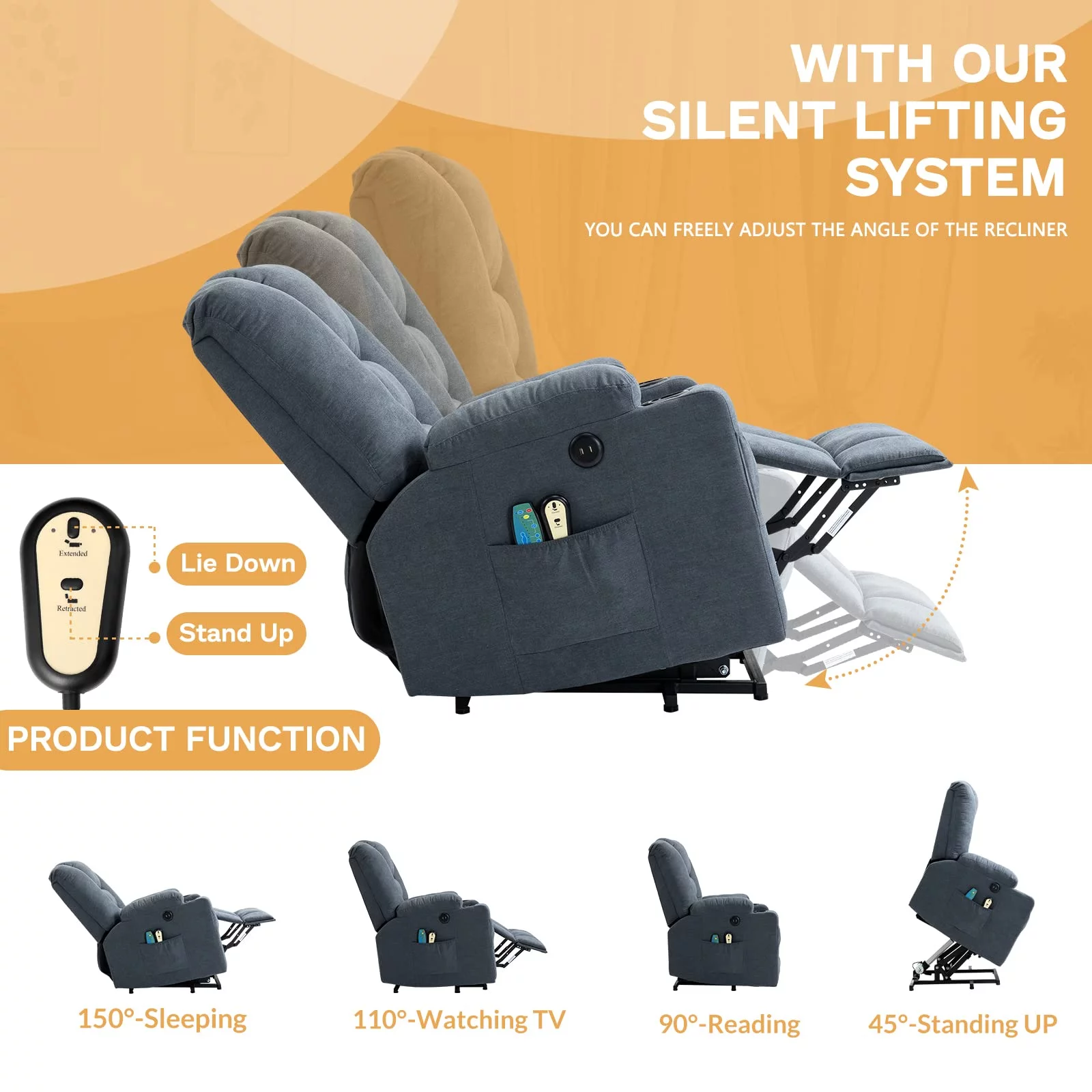 W WARMHOL Electric Power Lift Recliner Chair with Heat and Massage Lift Recliner for Elderly, Single Sofa recliners for Living Room with Cup Holders, 4 Pockets, USB Ports, Soft Fabric (Gray-Blue)