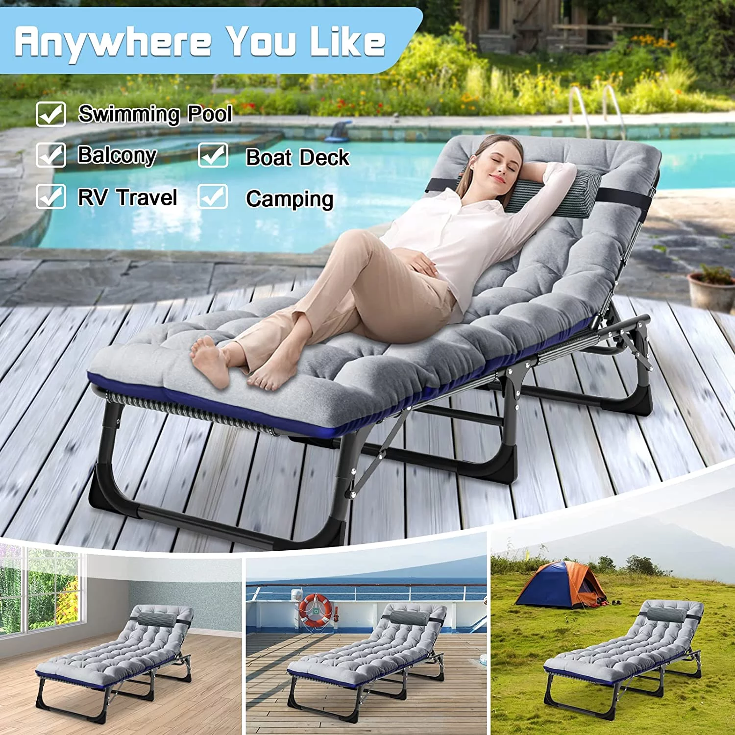 Slsy 4-Fold Folding Camping Cot with 2 Sided Mattress & Pillow, Adjustable 4-Position Folding Lounge Chair, Portable Sleeping Cots Bed