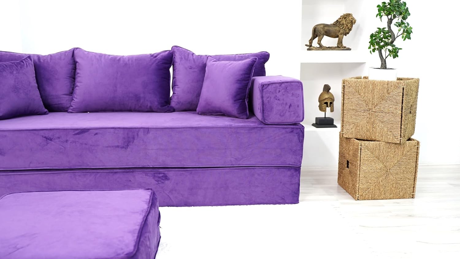 Velvet Purple Sectional Sofa, Floor Sofas, Japanese Sofa, Meditation Cushion, Bohemian Sectional Sofa, Chair Cushions (Sofa + Ottoman, 8''+ 8'' Thickness Sofa)