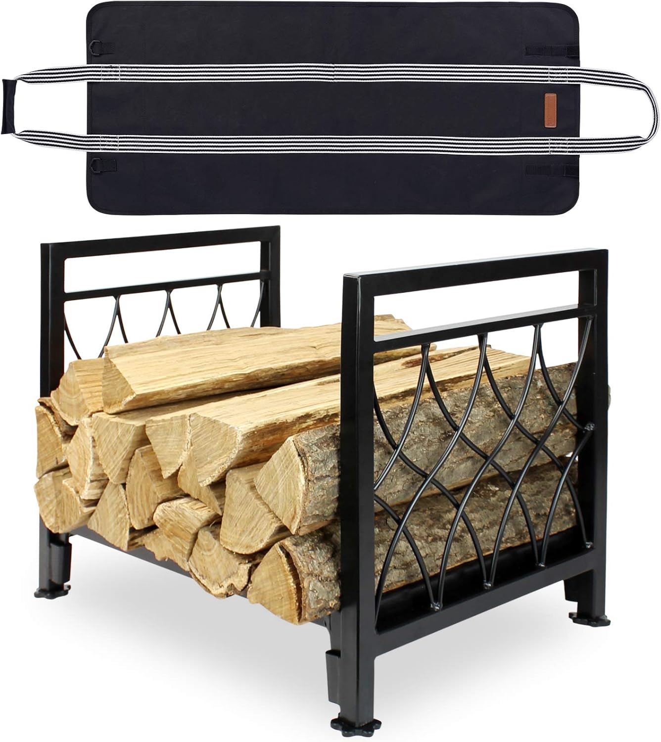 MYFIREPLACEDIRECT Firewood Rack with Log Bag 19 Inch Fireplace Log Holder Indoor Indoor/Outdoor Wood Storage Log Rack Decorative Heavy Duty Steel Firewood Carrier Stove Stacking Rack…