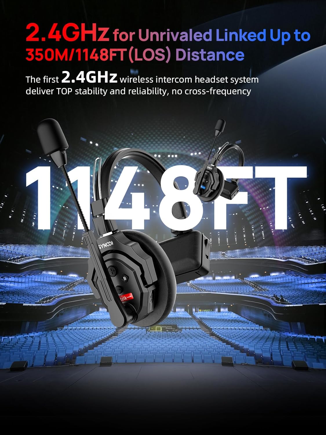 SYNCO XTALK X5 Wireless Intercom Headset System, 2.4GHz Full Duplex Wireless Headset with 24H 350M/1148FT Real-time Monitoring, Wireless-Headset-Intercom-for-Communication