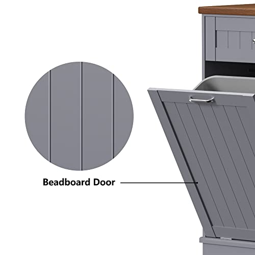 Double Tilt Out Trash Cabinet 20 Gallon,Antique-style Beadboard Trash Can Cabinet Kitchen with Solid Wood Tabletop & Drawer, Pet Proof Trash Can, Wood Laundry Cabinet (Black)