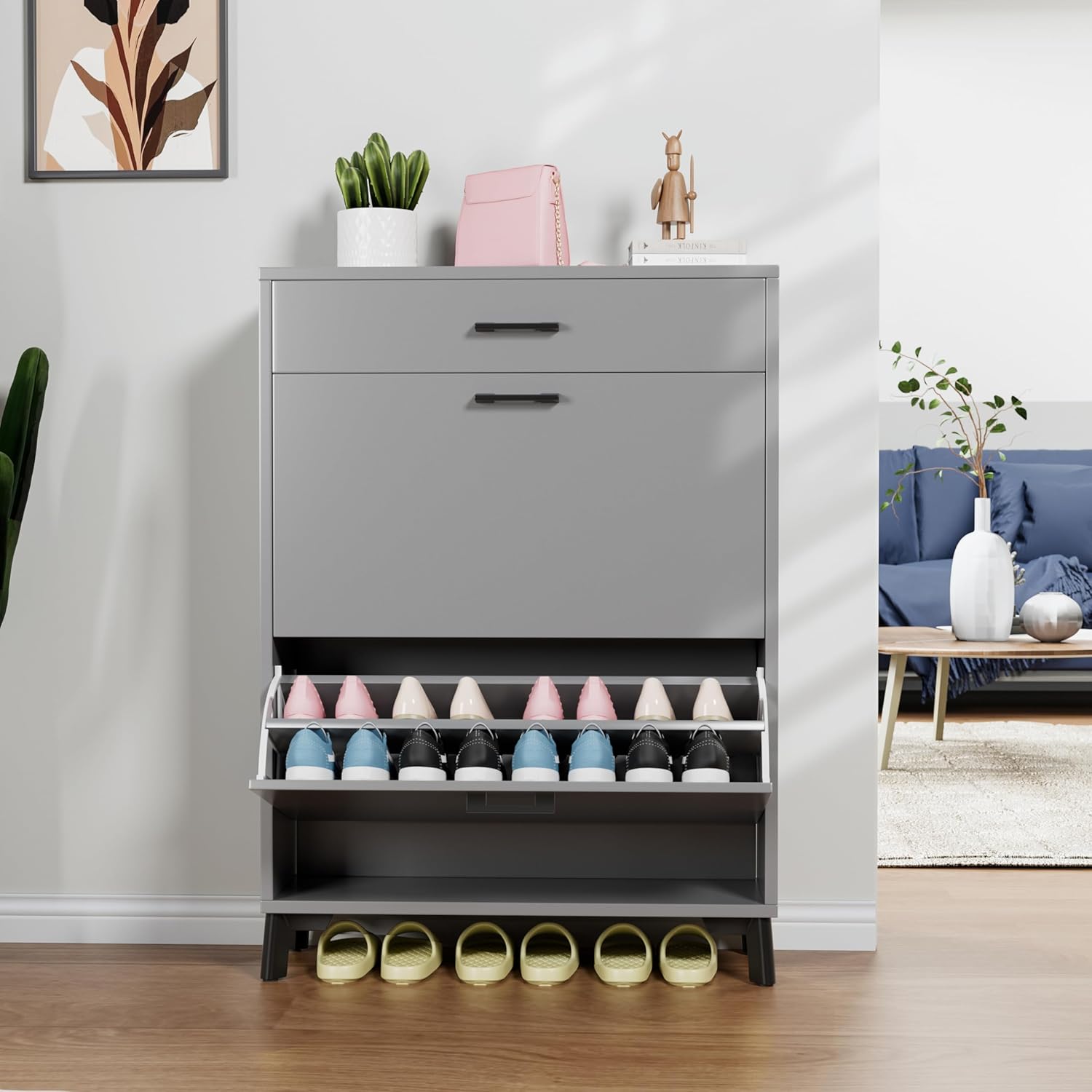 Hidden 2 Flip Entryway, Wood Thin Drawer, Modern Front Entry Rack, Free Standing Organizer for Doorway Hallway (Gray), 32" Slim Shoe Storage Cabinet