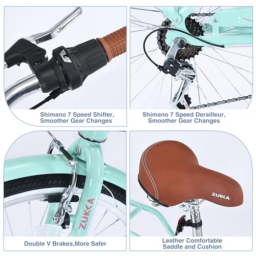 MEGHNA Cruiser Bike Low Step-Through 24inch Commuter Bike V - Brake 7 Speed Shifter Driven City Bike for Women Senior Men