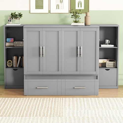 Full Size Murphy Wall Bed With Storage and Bookcase Headboard, Solid Wood Cabinets With Shelves, Drawers and USB Ports, Multi-Function Platform for Home Office, Guest Room - White