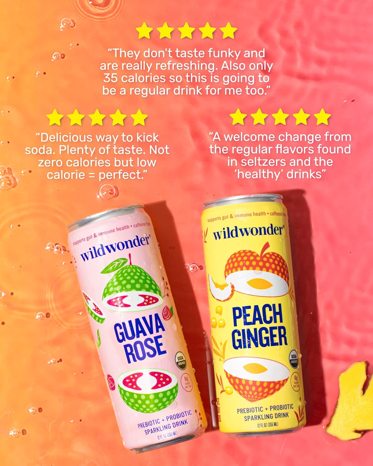 Wildwonder Sparkling Probiotic Juice Drink w/ Gut Health Immunity & Digestion Support, w/ 5g Fiber & Live Probiotics, Caffeine Free, Organic, Vegan, Low Sugar & Calorie, 12pk 12oz Cans, Variety Pack Pack of 2