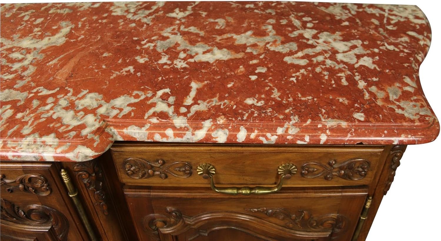 Sideboard Louis XV French Rococo 1920 Carved Walnut Shell, Red Pink Marble Top