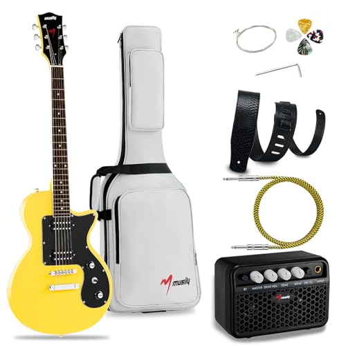 MLP-1 39 Inch Electric Guitar Kit, Beginner LP Full Size Solid Body Electric Guitar With HH Pickups, Gig Bag, Amplifier, Strap, Cable, Picks, String (White)