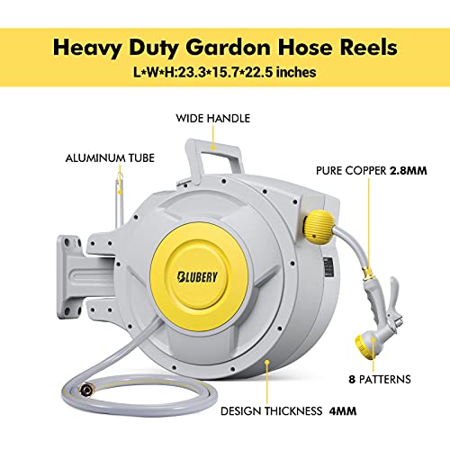 BLUBERY 5/8" x 100+6.7ft Retractable Garden Hose Reel, 39.3LB Super Heavy Duty, Any Length Lock, Slow Return System, Wide Handle, Wall Mounted and 180° Swivel Bracket, GHR01A