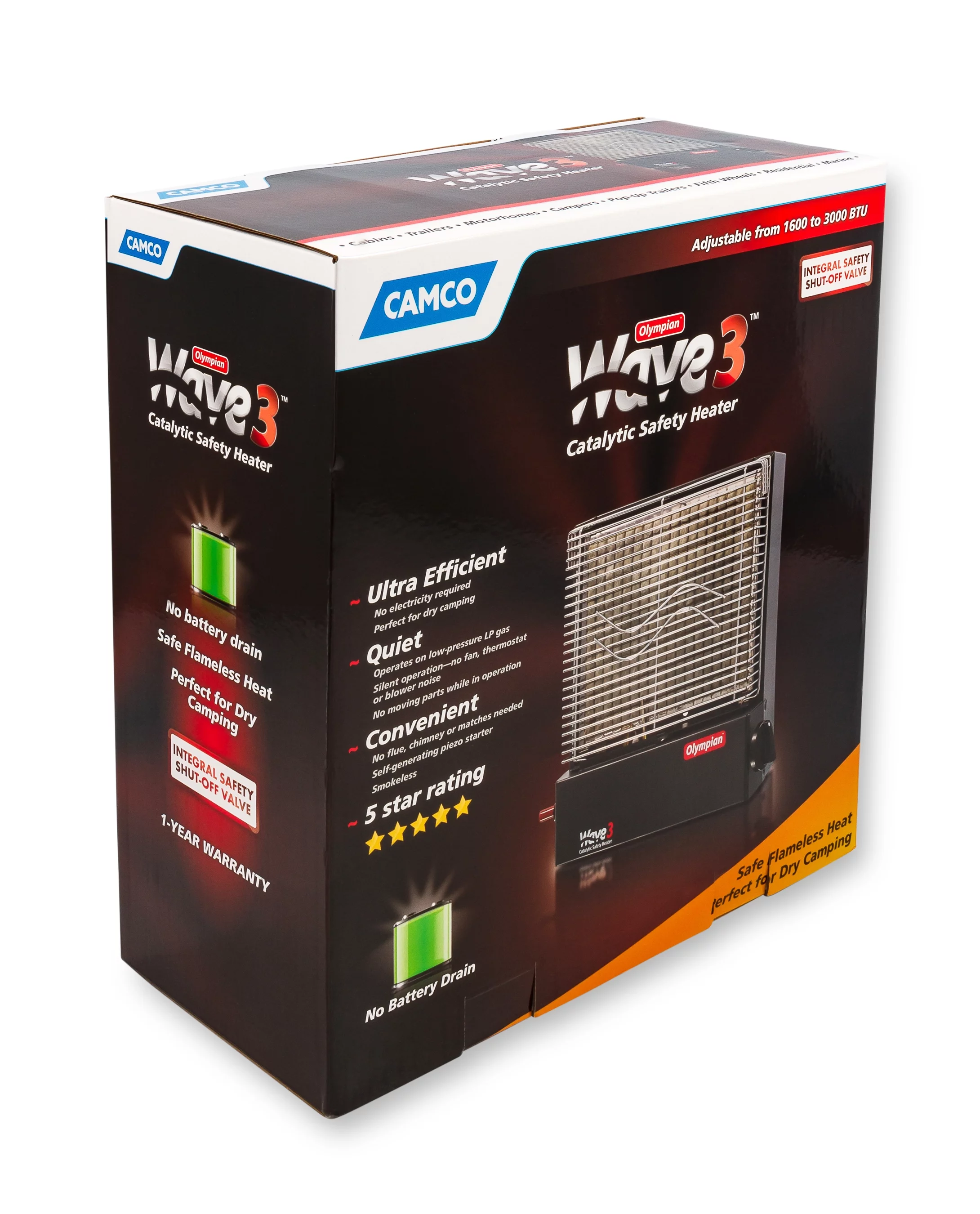 Camco Olympian RV Wave-3 LP Gas Catalytic Safety Heater, Adjustable 1600 to 3000 BTU, Warms 130 Square Feet of Space, Portable and Wall Mountable