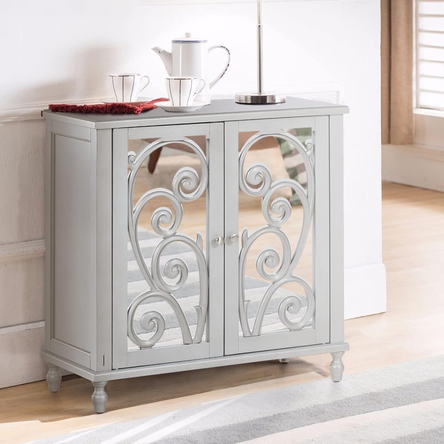 Sideboard Buffet Cabinet, Accent Wood Display Storage Cabinet with Glass Double Doors and Adjustable Shelves for Kitchen Living Dining Room Office, Embossed Frame