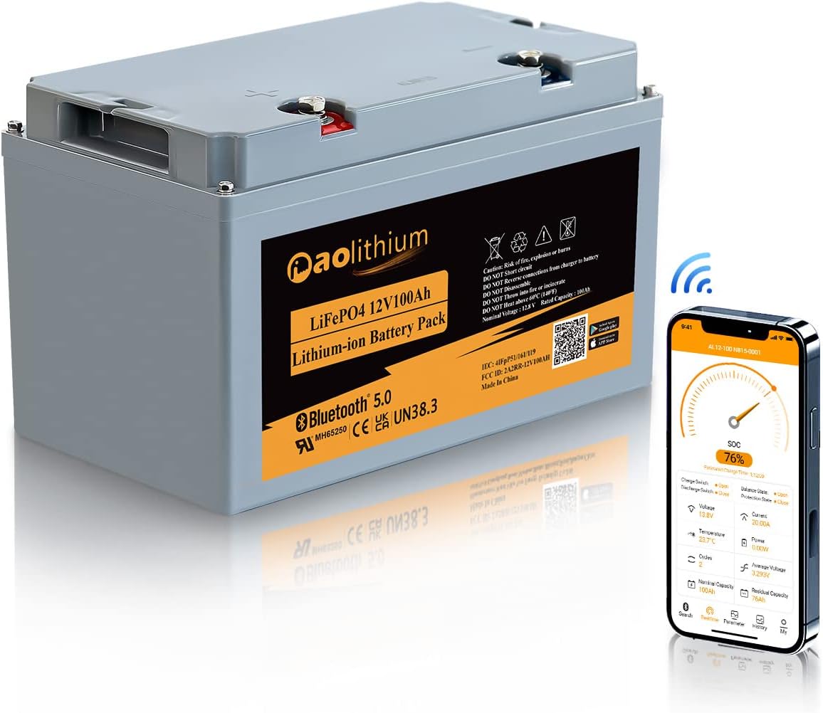 Aolithium 100ah Lithium Battery 12V LiFePO4 Battery with Bluetooth APP 4000 Cycles Maintenance-FreeBattery with Built-in BMS Perfect for RV Solar Marine UPS Off-Grid Applicatins