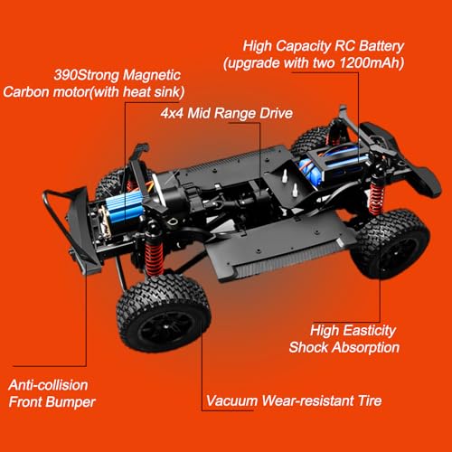 RC Jeep 1/12 Off-Road Climbing Car 4x4 RC Rock Crawler RC Truck 390 Motor LED Lights RC Crawler MN128 with Metal Drive Shaft & Two 1200mAh Battery (Orange)
