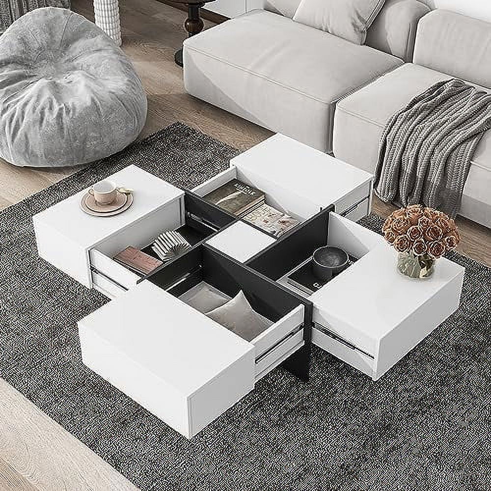 TJUNBOLIFE Coffee Table with 4 Hidden  Compartments  Square Cocktail Table with Extendable Sliding Tabletop  UV High-Gloss Design Center Table for Living Room（Brown）
