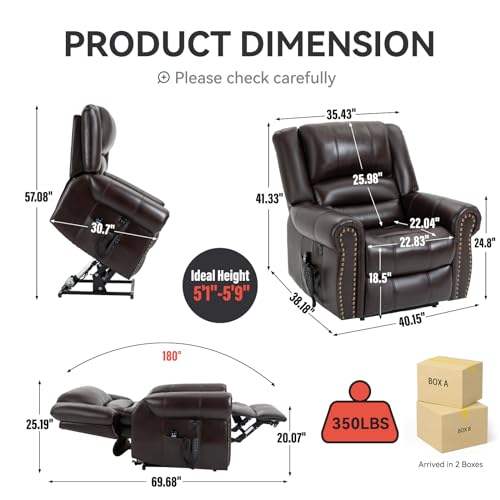 Dual Motor Power Lift Chair, Lay Flat Recliner Chair, Electric Recliner with Massage and Heat for Elderly, Remote Control, Infinite Position, Standing Assistance, USB Ports, Faux Leather, Brown