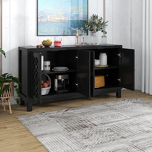 Merax Black Farmhouse Buffet Sideboard with Adjustable Shelves and 4 Doors Wood Coffee Bar Cabinet TV Stand for Living Room Bedroom Kitchen, 1 Set