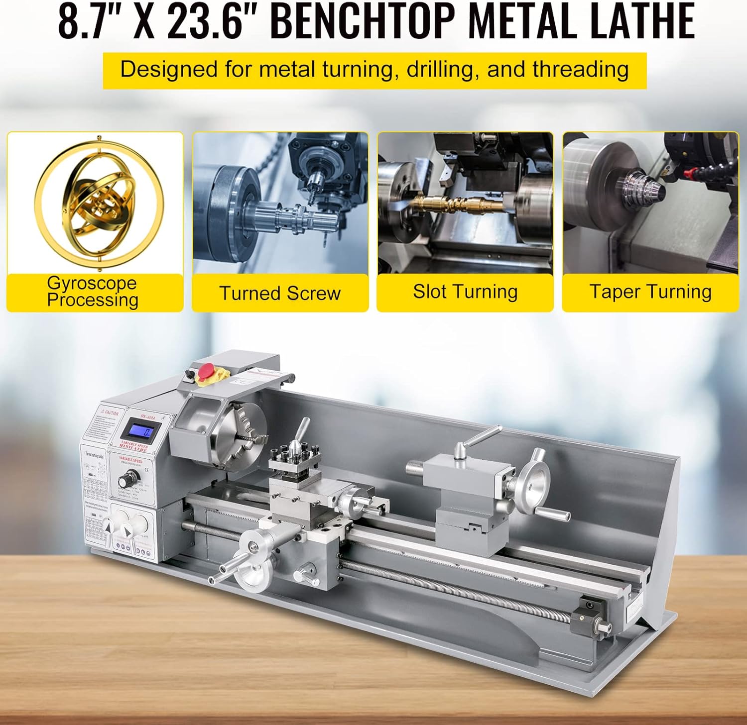 BestEquip Metal Lathe 8.7 x 23.6 Inch/220 x 600MM Mini Metal Lathe 1.1KW Infinitely Variable Speed Mini Lathe Machine LED Screen for Counter Face Turning Driling
