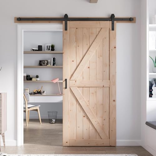 FREDBECK 48in x 80in Sliding Wood Barn Door with 8FT Barn Door Hardware Kit Included K Shape Solid Spruce Panel Sliding Door Double Surfaces Need to Assembly