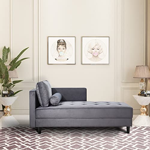 Taikonaut 64" Upholstered Velvet Chaise Lounge with Left Armrest & Lumbar Pillow, Button Tufted Lounge Sofa, Lounge Chair Indoor, Modern Velvet Lounge Chair for Bedroom, Living Room and Office (Gray)