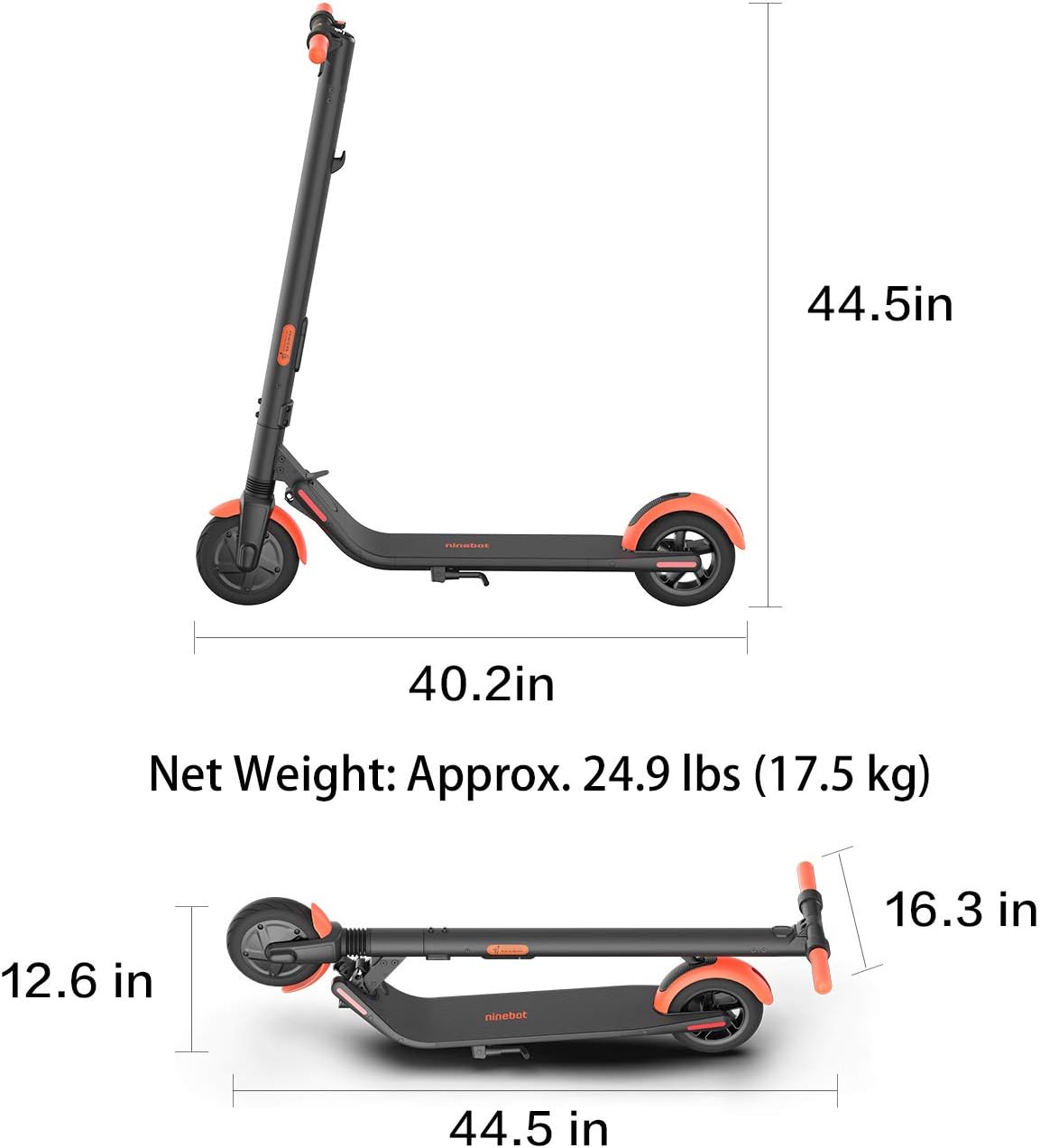 Segway Ninebot ES1L Electric Kick Scooter, Lightweight and Foldable, Upgraded Motor and Battery Pack, 8-inch Inner-Support Hollow Tires, Dark Grey & Orange