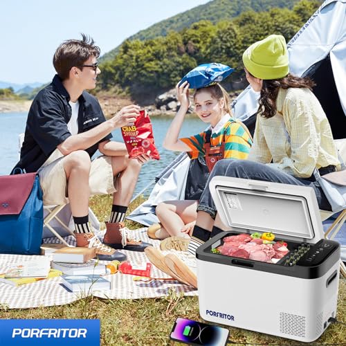 PORFRITOR 12 Volt Car Refrigerator, 48Qt Portable Freezer -4℉ to 68℉ Dual Zone Car Refrigerator,12 Volt Refrigerator with 12/24V DC & 110-240V AC for Home,Travel, RV, Truck