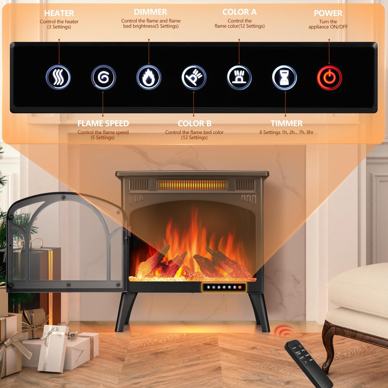 R.W.FLAME Electric Fireplace Heater 12 Flame Color, 25" Freestanding Fireplace Infrared Stove 1000W/1500W, 3D Realistic Flame Effects, Adjustable Brightness and Heating Mode, Overheating Safe Design