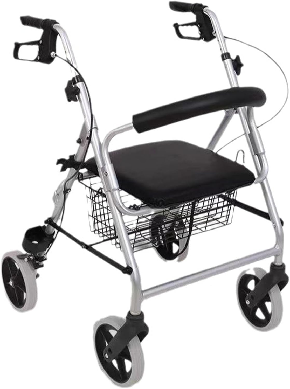 Portable Walkers for Seniors Aluminum Rollator Walker with Seat Four-Wheel Folding Walker Shopping Trolley Elderly Walker Handcart Walker with Large Capacity Storage Basket Black