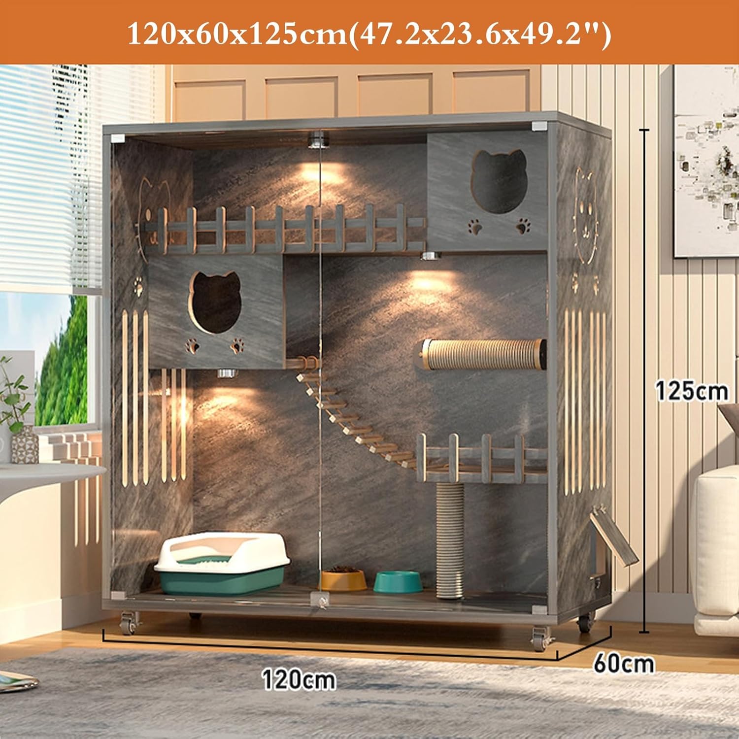 Large Cat Cage Indoor Catio Cat Enclosures, Wooden Cat Cage, Large Space with Scratching Post, Multi-Feature Cat Playpen for Indoor Cats Enclosed for Cats Ventilation Glass Doors