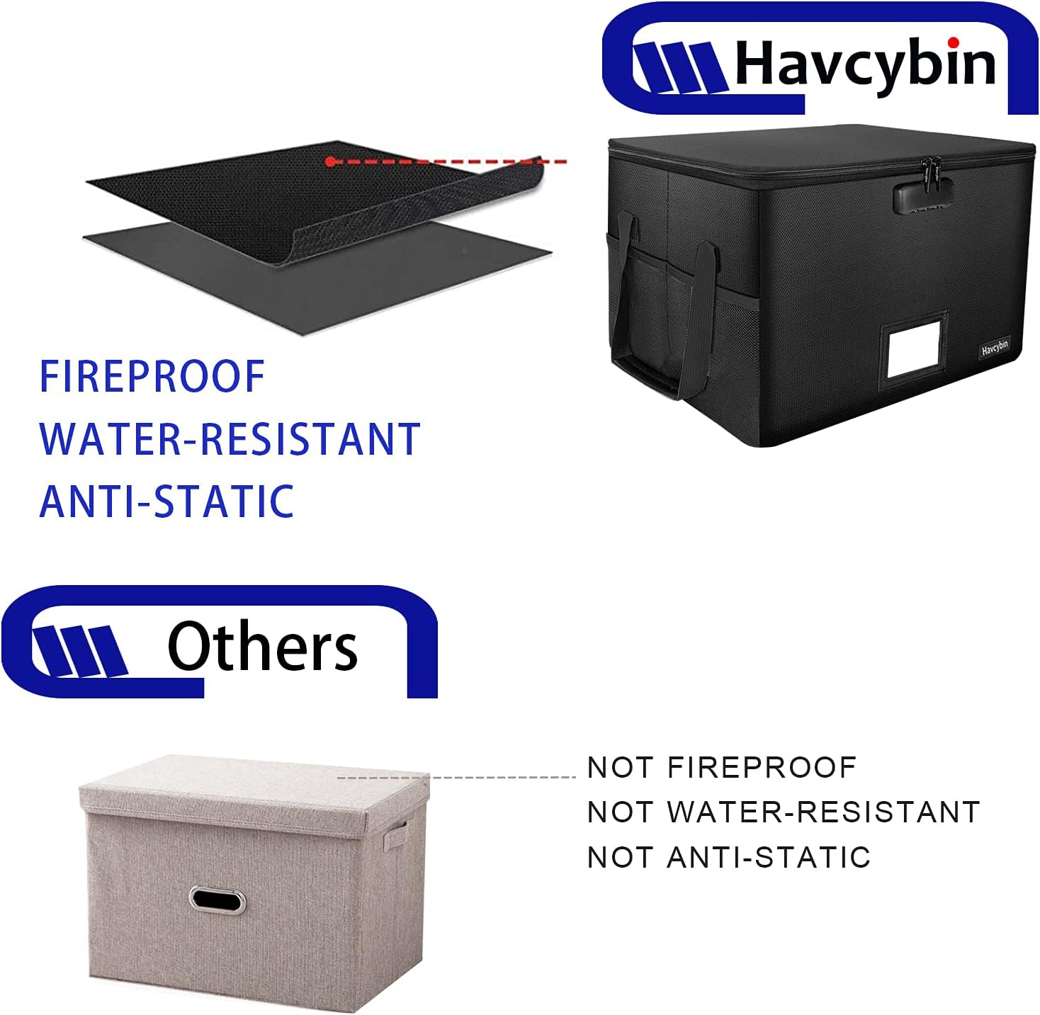 Fireproof Filing Cabinet File Box with Lock, Havcybin File Storage Organizer Box Fireproof Safes for Home Fire and Waterproof Portable Home Office Safe Bin Cabinet with Handle Pack of 2