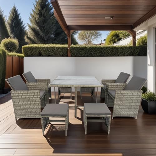 DHHU 5 Piece Outdoor Patio Furniture Set, PE Rattan Wicker Furniture, Outdoor Sectional Furniture Chair Set with Anti-Slip Cushions, Couch Coffee Table Waterproof Covers and Tea Table