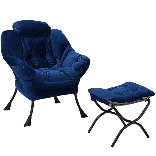 Living Room Chairs Modern Cotton Fabric Lazy Chair, Accent Contemporary Lounge Chair, Single Steel Frame Leisure Sofa Chair with Armrests and A Side Pocket (Blue)