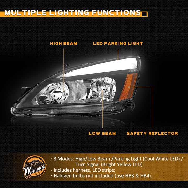 LED Headlight Assembly for 03 04 05 06 07 Honda Accord, for 2003-2007 Accord OE Headlamp with Sequential Turn Signal, Black Housing Clear ReflectorLeft+Right