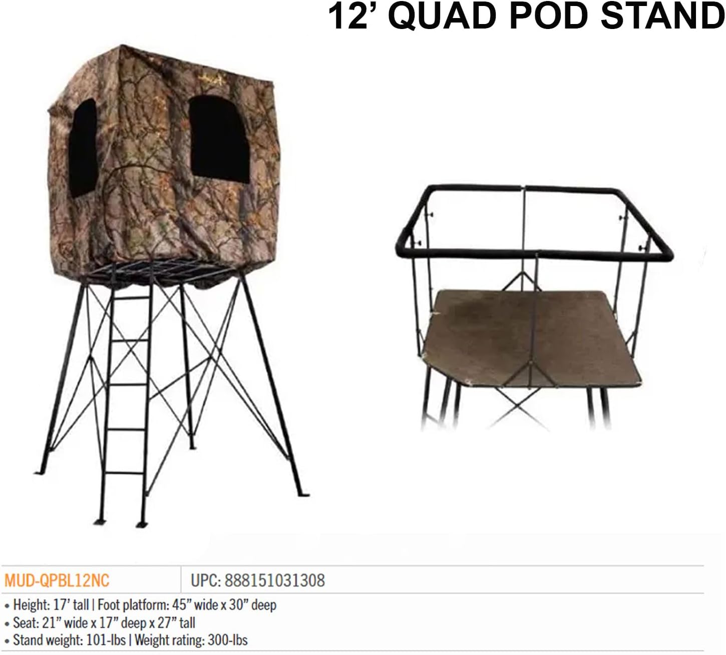 12' Quad Pod - Durable Steel 500 Pound Capacity Hunting Outdoor Platform with 360-degree Padded 36" H Shooting Rail & Carpeted Floor Pad, Camouflage Blind Included