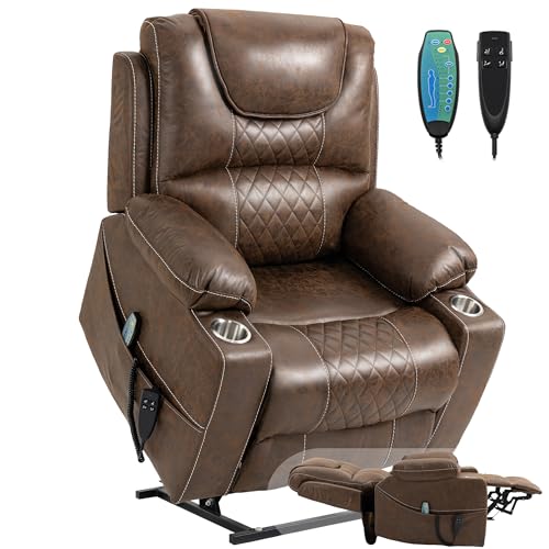 Power Lift Chair Lay Flat Recliner Infinite Position Electric Dual Motor Stand Up Lift Chair with Massage and Heat for Adults,Heavy Duty Recliners with 2 Remote Controls and Two Cup Holders