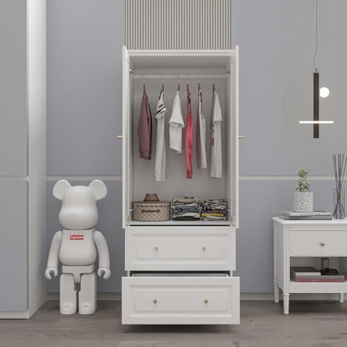 78.74” 6-Door Large Armoire Wardrobe Closet, Bedroom Armoire with 3 Drawers & 2 Hanging Rod, Wooden Armoires and Wardrobe,White (70.9”W x 23.63”D x78.74”H)