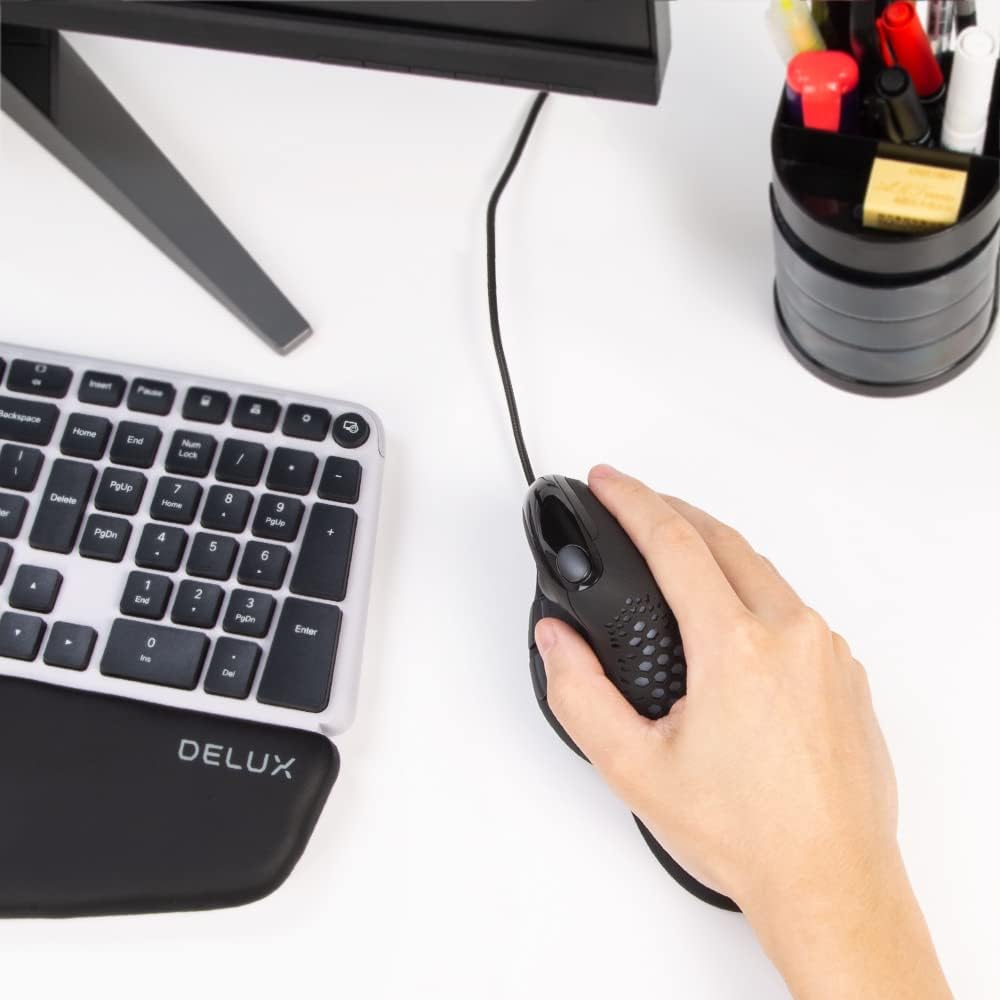 DELUX Seeker Wired Ergonomic Vertical Mouse with Thumb Wheel, Optical Computer Mouse with 6 Programmable Buttons, 4000 DPI, LED Backlight, Removable Wrist Rest for Carpal Tunnel(M618XSU-Black)
