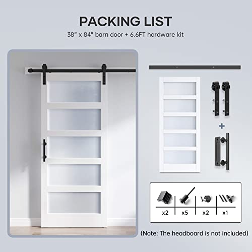 36x84 Inch Glass Sliding Barn Door Slab and 6.6ft Hardware Kit Included, 5 Frosted Glass, LVL Wood Panel Covered with White Water-Proof Scratch-Proof PVC Surface, Simple DIY Assembly