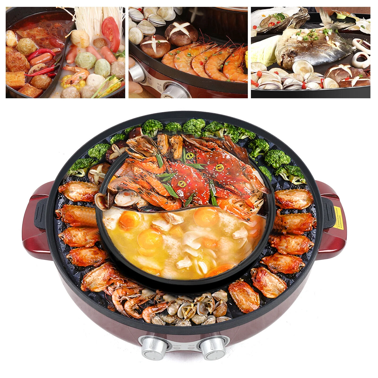 2-in-1 Electric Smokeless Grill + Hot Pot BBQ Grill Soup Shabu Pot 2200W Red