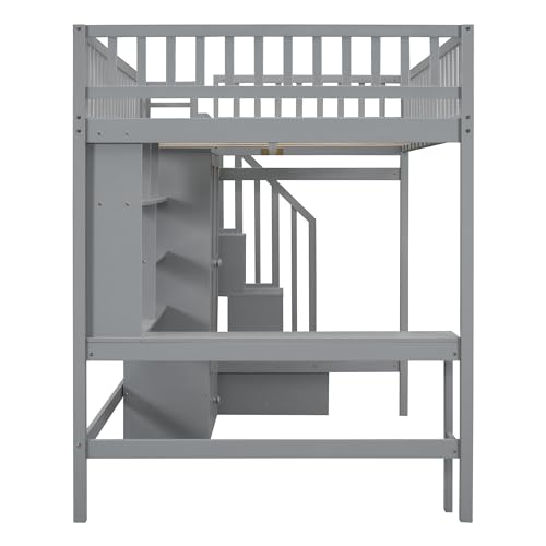 Full Size Loft Bed with Wardrobe Desk Storage Stairs, Wood Loft Bed Frame with Bookcase and Drawers, High Loft Bedframe for Kids Teens Adults, No Box Spring Needed, Espresso