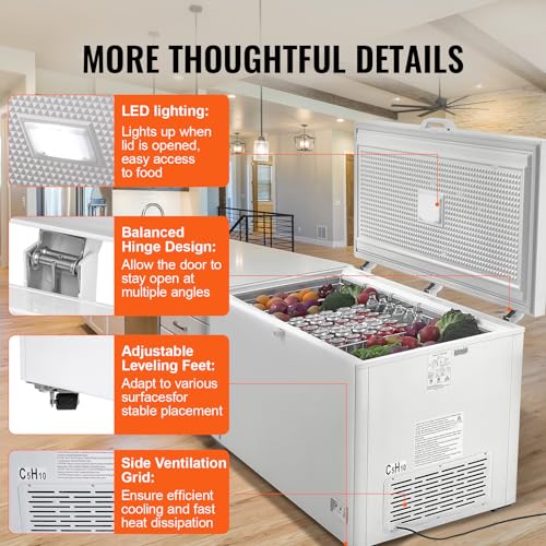 VEVOR Chest Freezer, Large Deep Freezer & 4 Removable Baskets, Freestanding Top Open Door Commercial Chest Freezers with Locking Lid, 7-Level Adjustable Temp, LED Lighting, 6 Wheels