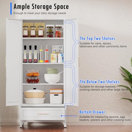 Metal Storage Cabinet with Doors and Shelves, 71 Inch Tall Kitchen Pantry Cabinet, Pantry Cabinets for Kitchen Storage, Freestanding Cupboard for Living, Dining Room, White, Assembly Required