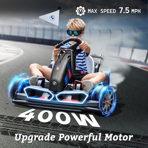FORESEE 36V Licensed BMW Kids Electric Go Kart, Battery Powered Drift Kart w/Adjustable Seat, Ride On Toy for Big Kids Ages 6+, 8.6MPH Racing Go Cart w/600W Motor, LED Lights & Safety Belt, Black