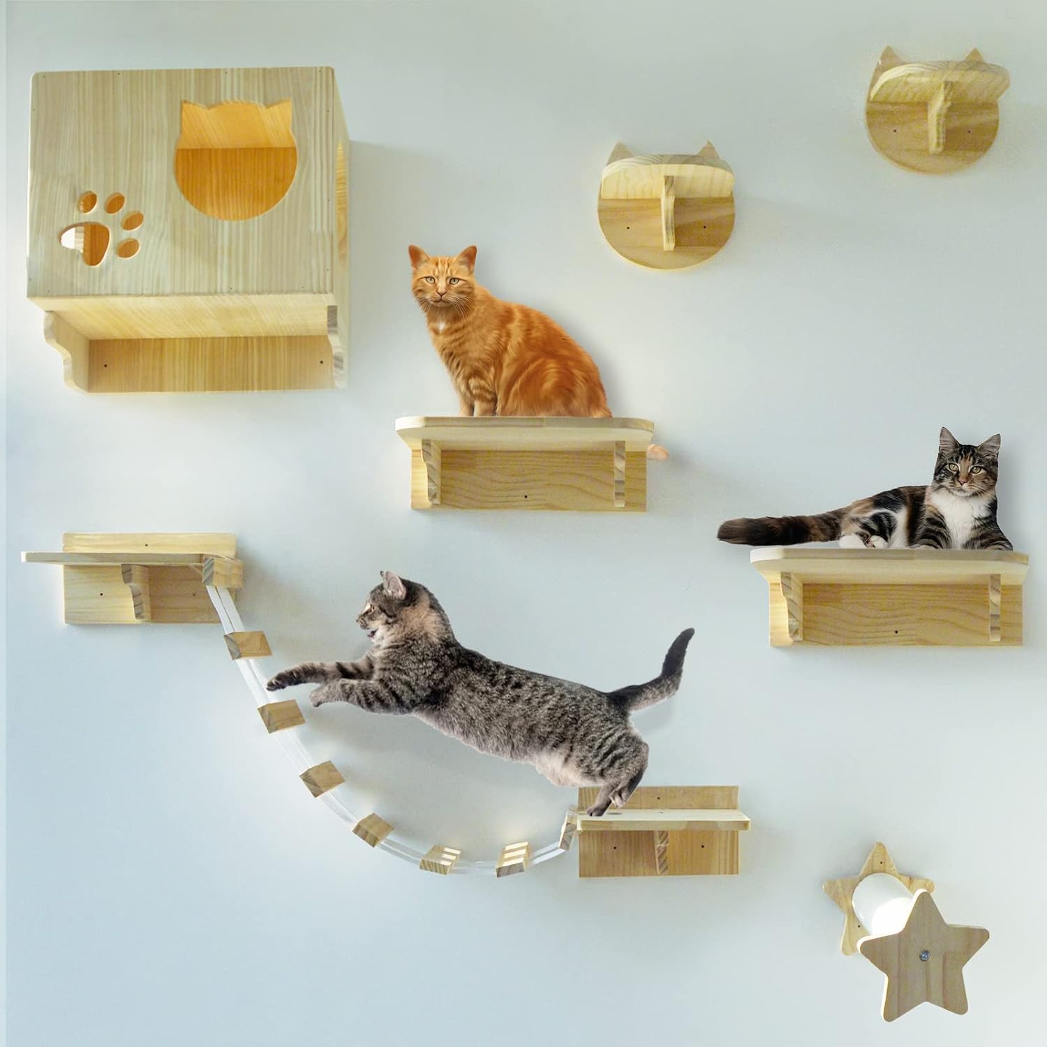 La La Pet® Wall Mounted Cat Furniture Wooden Cat Shelves and Perches for Wall Cat Steps Ladder Cat Bed Activity Tree Cat Climbing Structure Modern Cat Lounger Climber Set of 9
