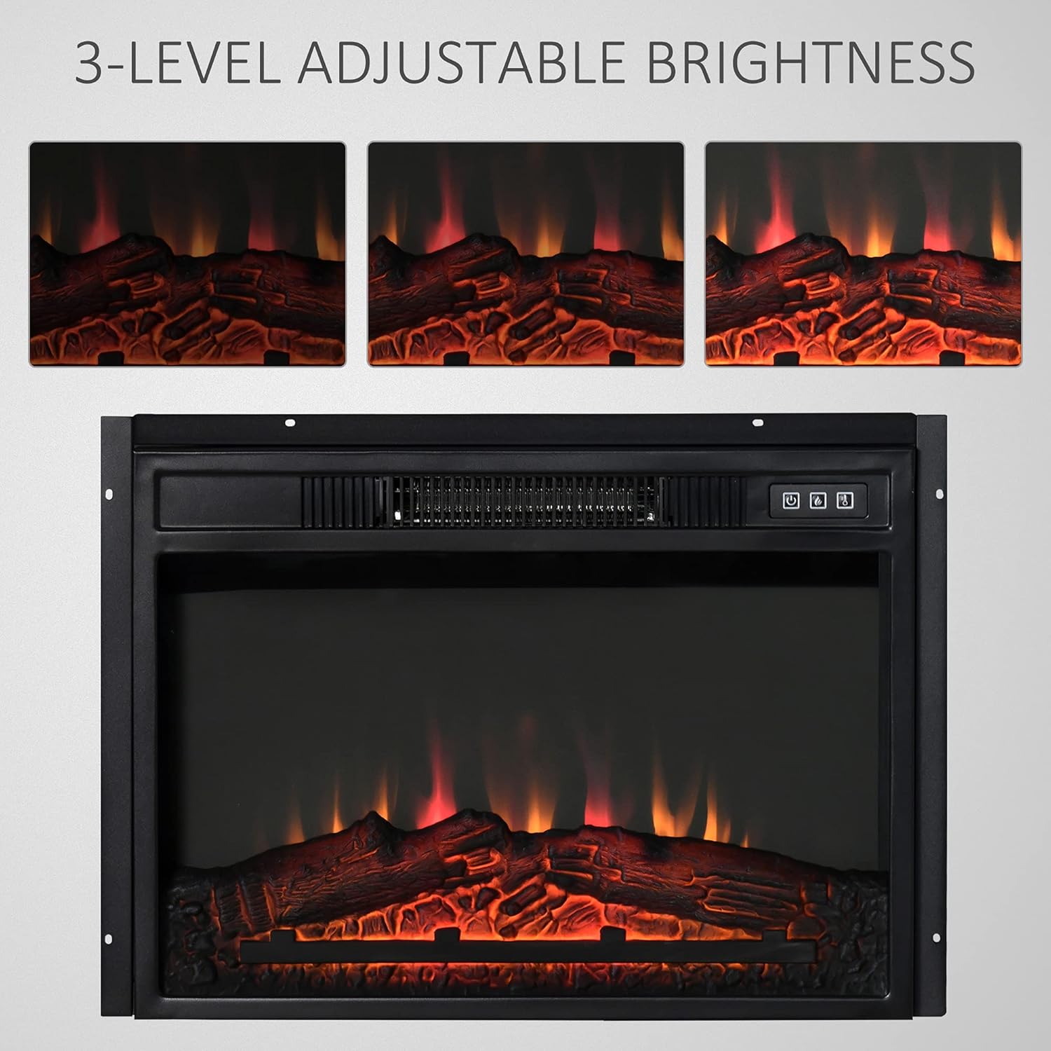 HOMCOM 23" Electric Fireplace Insert for Wooden Cabinet or Mantle Frame, Recessed Fireplace Heater with Realistic Log Flames, and Adjustable Brightness, 1400W, Black