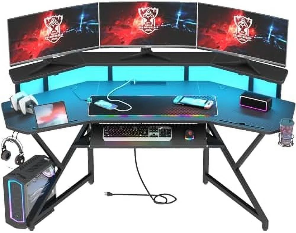 HJZBNONE 72" Gaming Desk with Power Outlet &amp; Led Strip  Large Wing-Shaped Computer Desk w Monitor Stand &amp; Keyboard Tray &amp; RGB Mouse Pad  Studio Desk w   Headphone Hook Cup