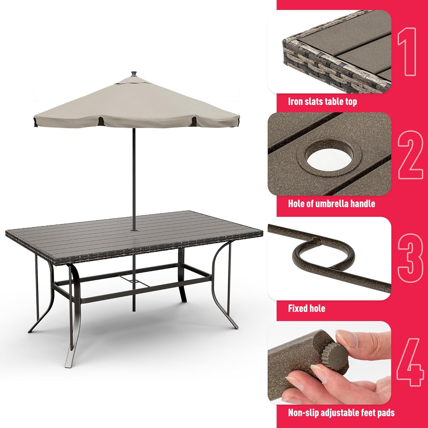 Pamapic Patio Table and Chairs Set, All-Weather Rattan Outdoor Table and Chairs with Removable Waterproof Cushions, Plastic-Wood Patio Dining Set for 6 with Umbrella Hole(Gray)