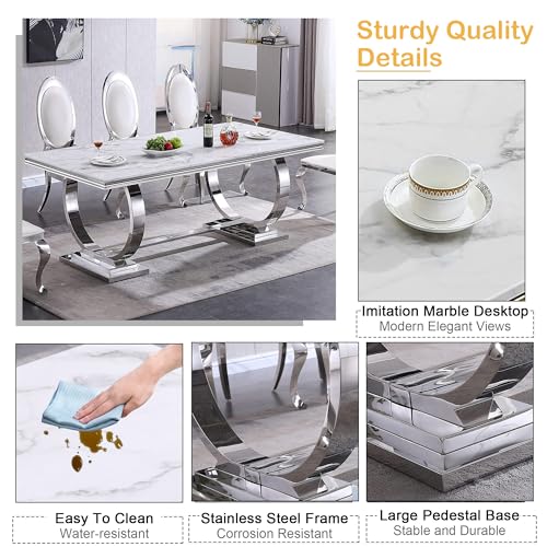 Goujxcy White Marble Dining Table Set for 6, Luxury Silver Kitchen Table and Chairs Set of 6, 70" Faux Marble Rectangle Dining Room Table with 4 Leather Chairs,Modern 7-Piece Dining Table Set