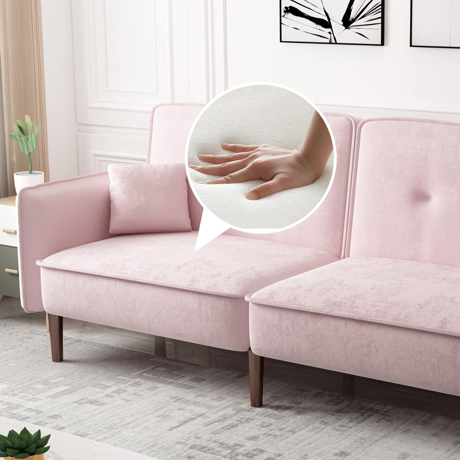 WILLIAMSPACE Futon Sofa Bed, Velvet Convertible Sleeper Sofa with Magazine Bag, Small Splitback Sofa with Tapered Solid Wood Leg, Padded Seat and Back, Loveseat Couch for Living Room, Pink